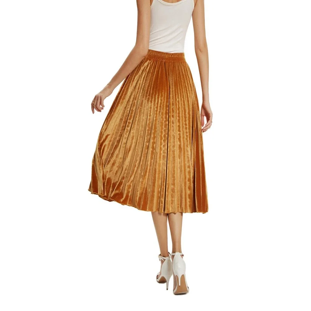 TONCHENGSD Women's Gold Velvet High Waist Flared Skirt Pleated Midi Light L